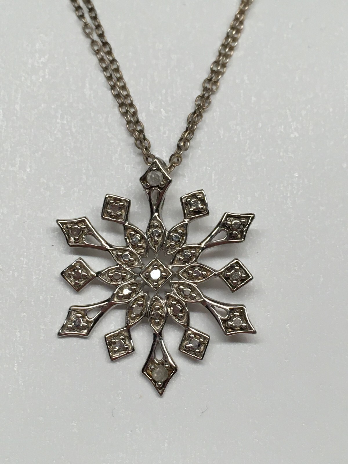 Signed OTC 925 Sterling Silver Diamond Snowflake Pendant Necklace 17.5”