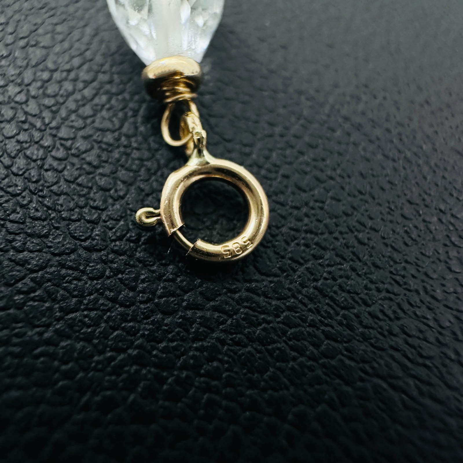 14K Solid Yellow Gold Small Clear Quartz Briolette Charm Pendant w/Spring Clasp