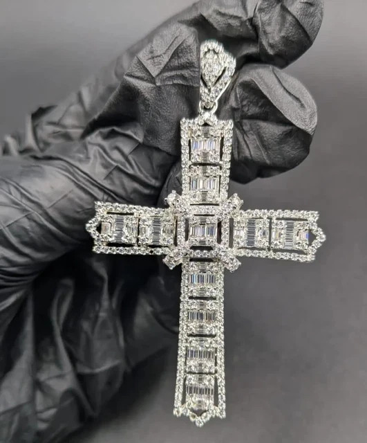 2Ct Baguette Cut Lab Created White Diamond Cross Pendant 14K White Gold Plated