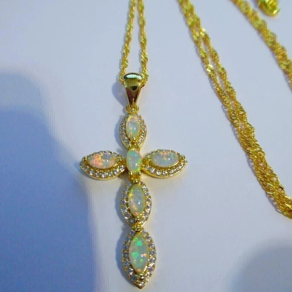 1.50Ct Marquise Cut Fire Opal Cross Pendant 14K Yellow Gold Plated 18″