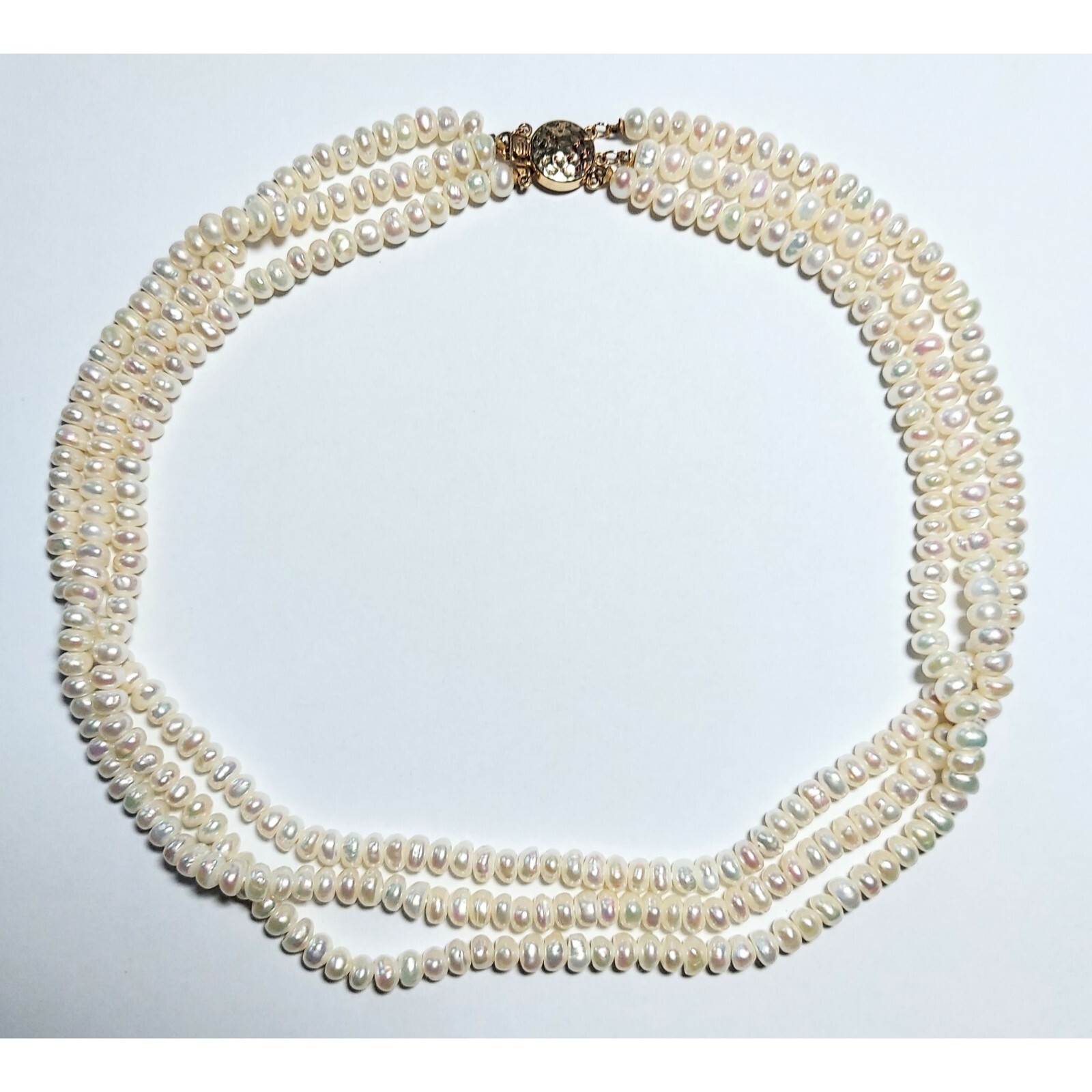 Triple Strand White 6mm Freshwater Pearl Necklace w 14kt Gold Round Box Clasp