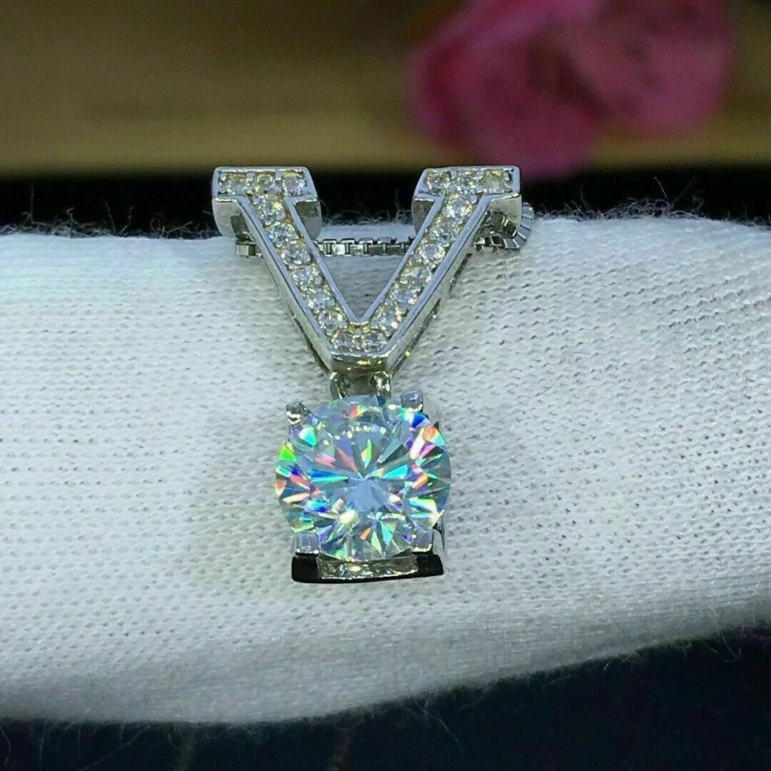 2 Carat Round Cut VVS1 Diamond V Shape Solitaire Pendant 14K White Gold Over