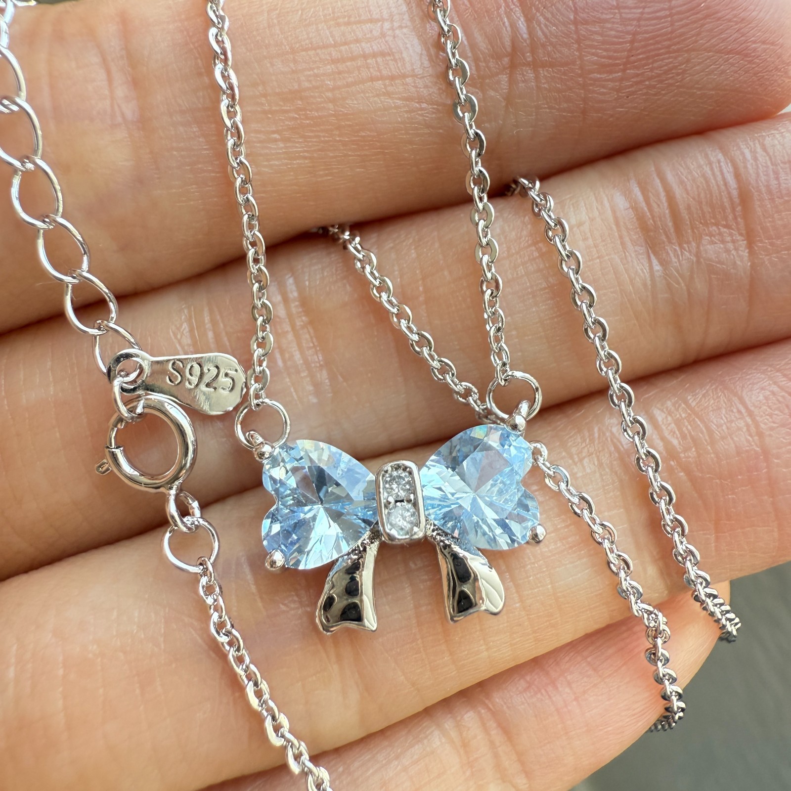 925 Sterling Silver Necklace 6mm Heart Natural Topaz Gemstone Zircon Chain Bow