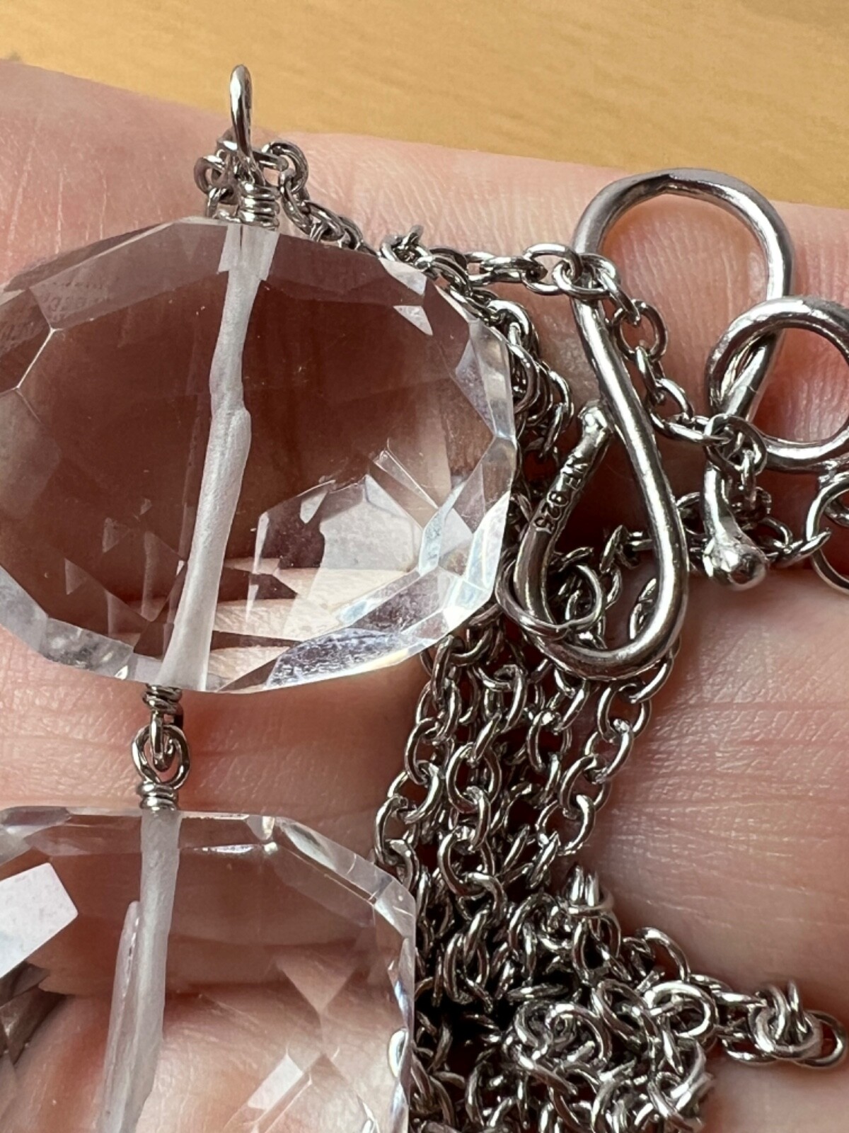 ARTISAN ROCK CRYSTAL CLEAR COLORLESS QUARTZ LONG NECKLACE 925 STERLING DESIGNER