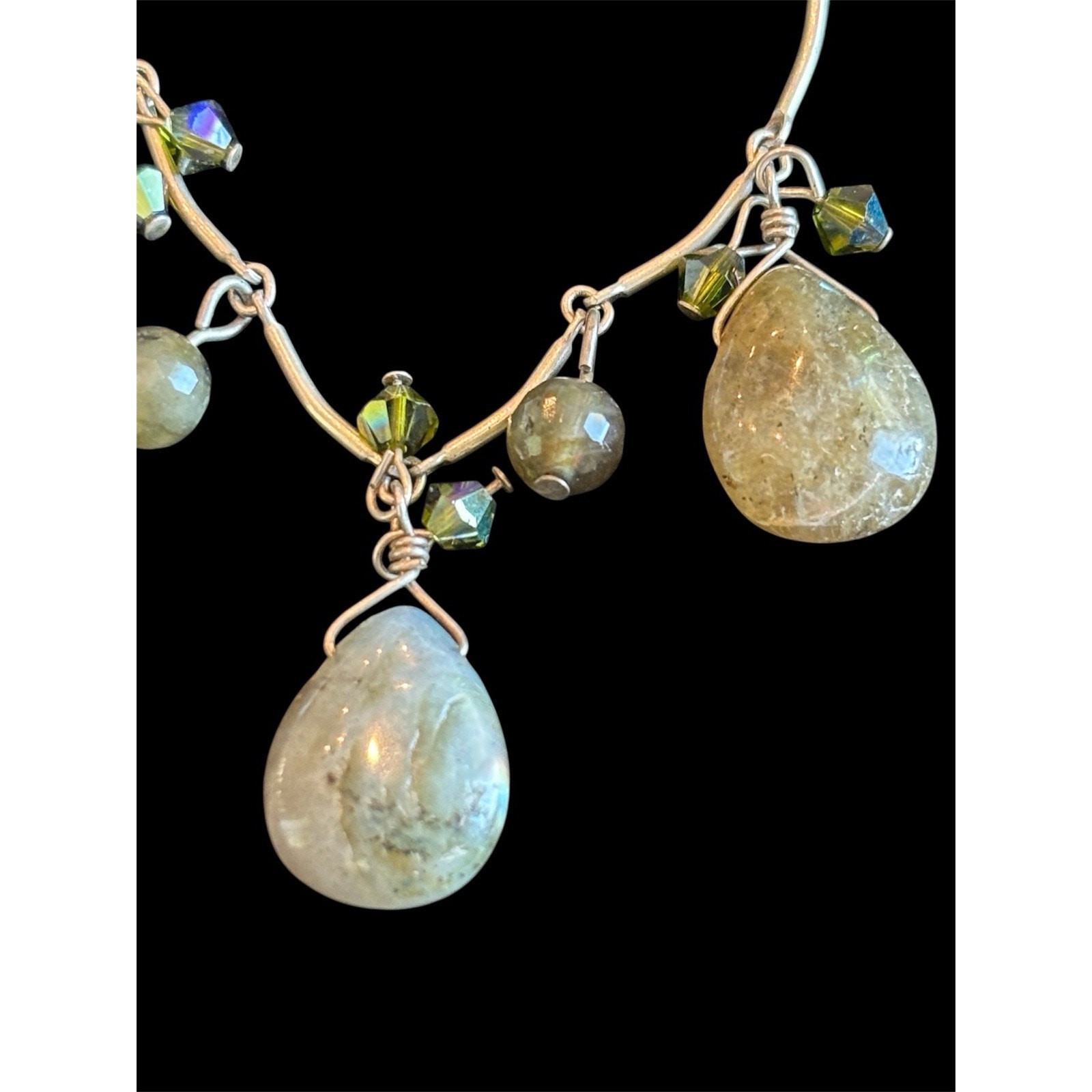 Sterling Silver Bar Link 16” Necklace With Moss Green Agate Dangles 925