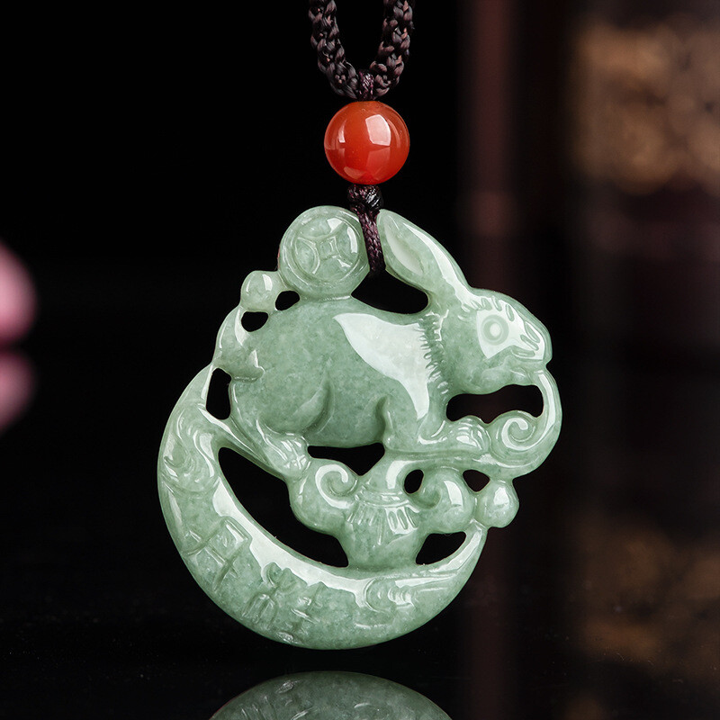 Natural Jadeite A Grade Jade Pendant Green Jadeite Lucky Zodiac Moon Rabbit
