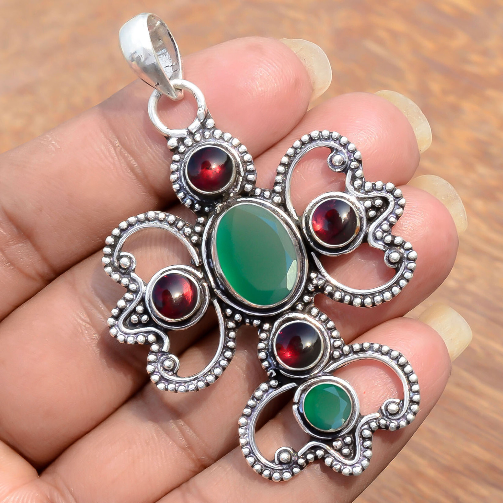 Green Onyx & Garnet Gemstone 925 Sterling Silver Cross Beauty Art Gift Pendant