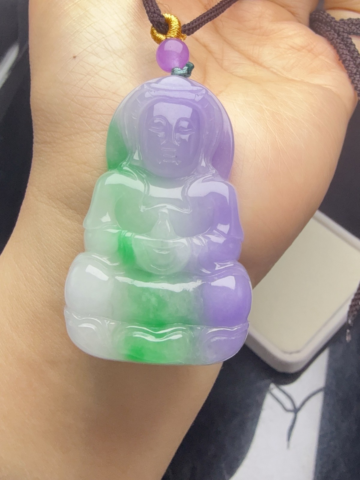 Natural Jadeite light green purple Carved Guanyin Lucky Pendant jade Amulet 观音