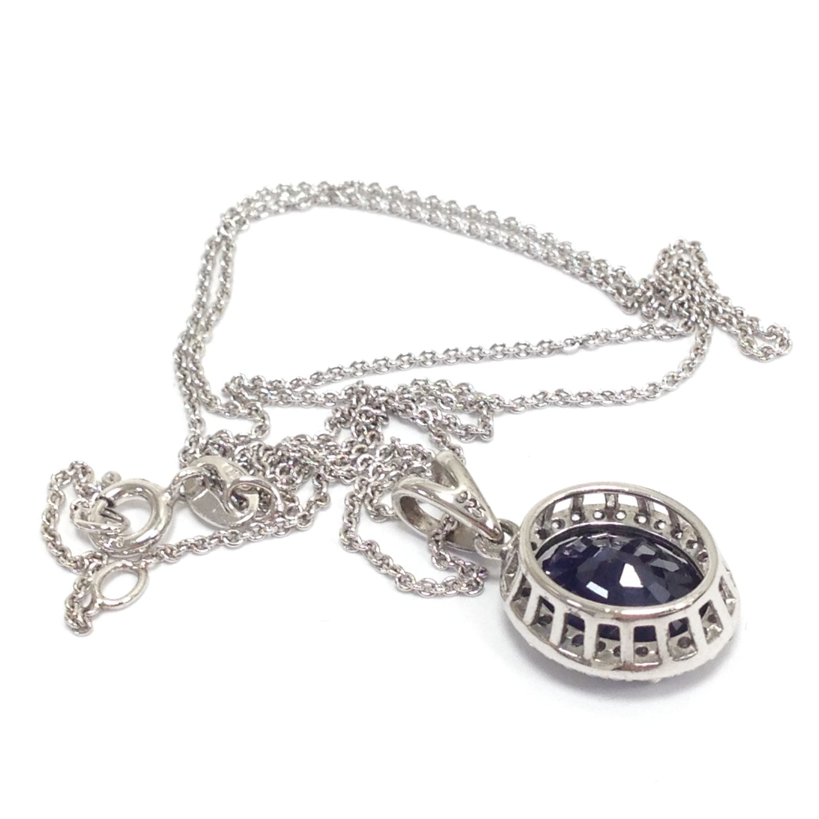 Unsigned 925 Sterling Silver Dark Blue Stone Pendant Necklace 16″ & 17″ Jewelry