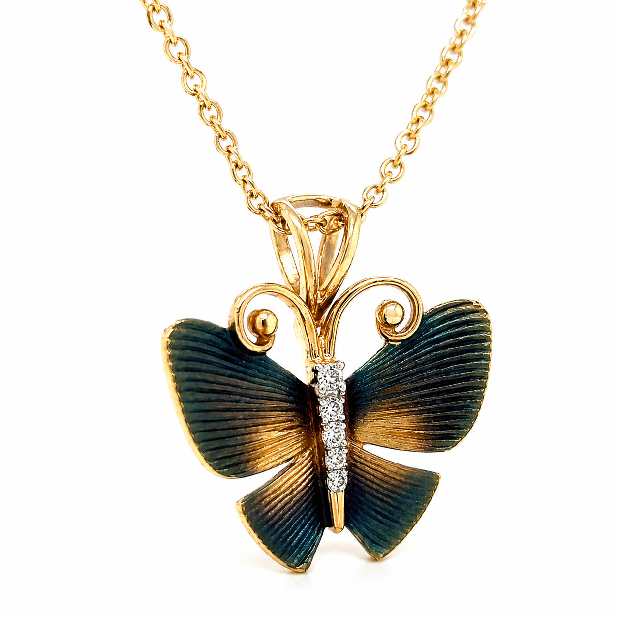 Natural Diamond Butterfly Pendant Necklace 14K Yellow Gold, Diamond Necklace