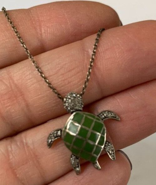 Sterling Silver 925 Necklace 1/10 CTW Diamond Green Turtle Pendant Womens