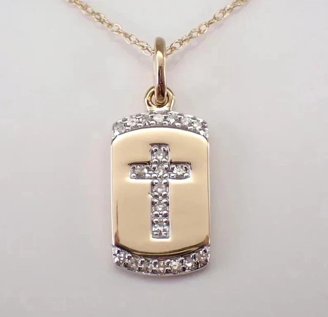 14K Yellow Gold Plated Round Cut 1.20 CT Moissanite Cross Dog Tag Pendant