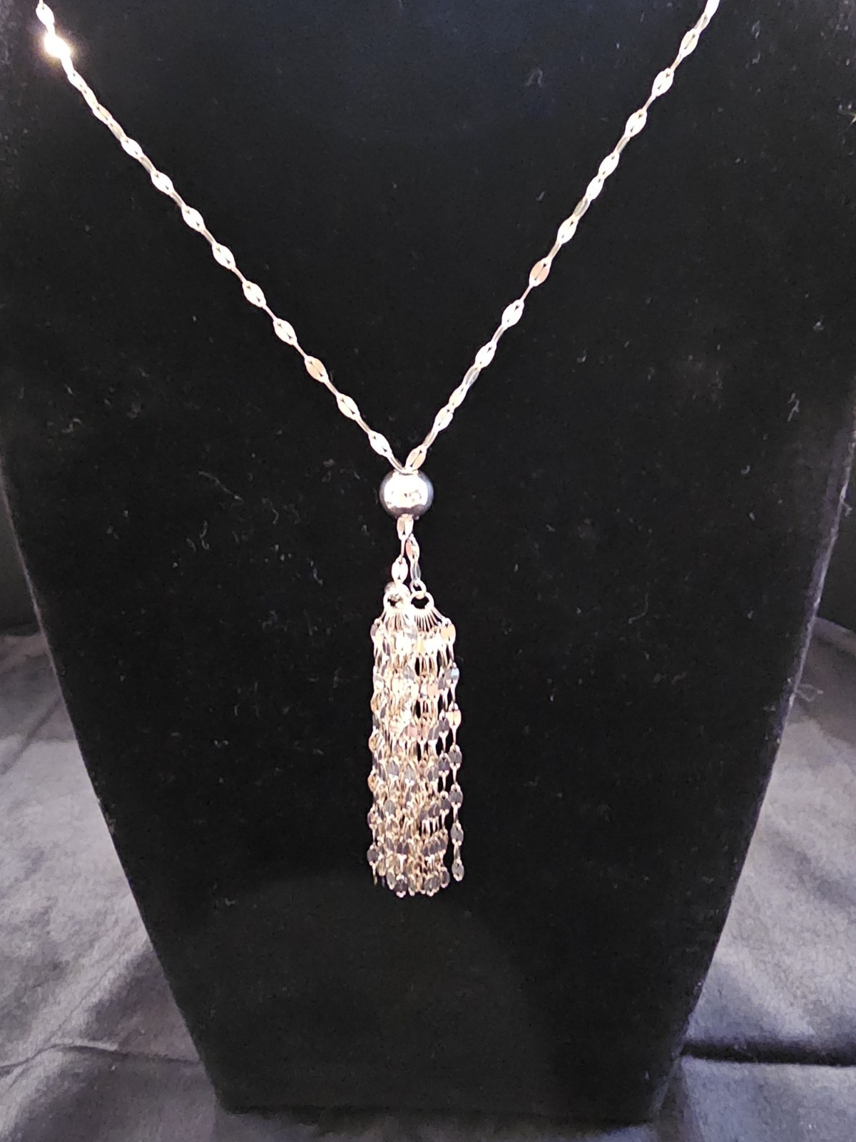 Sterling Silver Mirrored Tassel Necklace 32 In plus 2 inches of Tassel