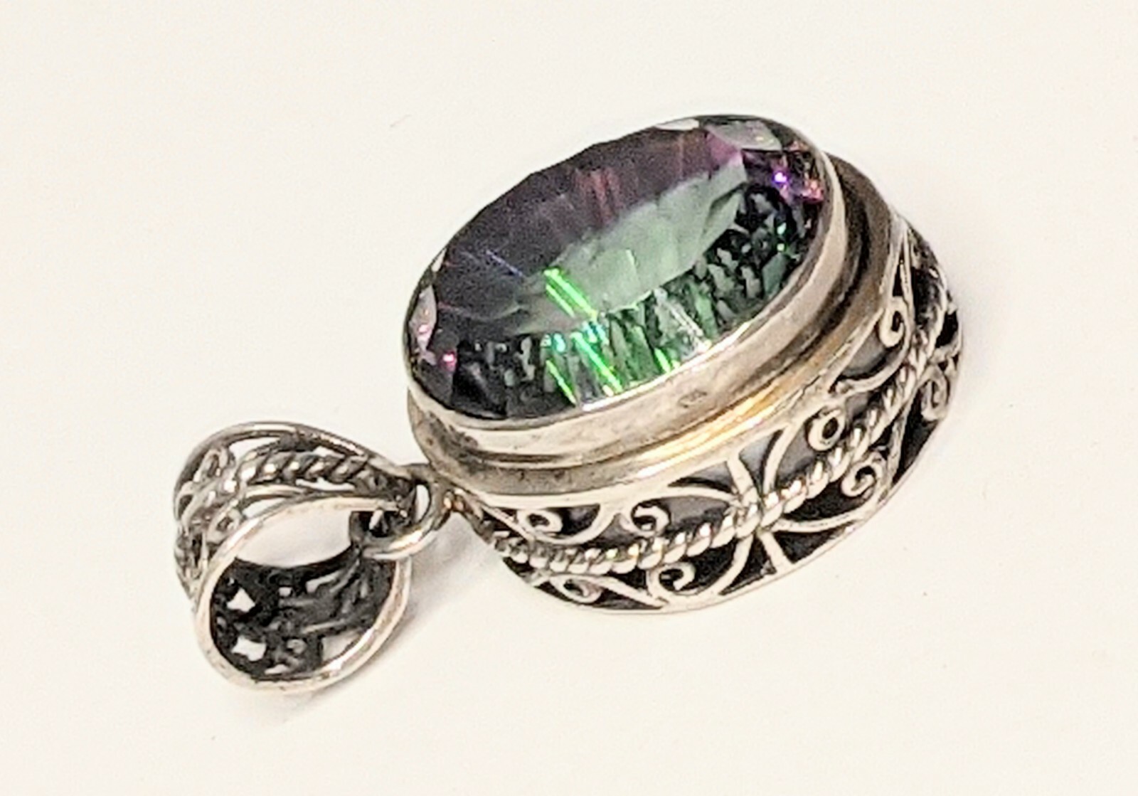 22.8ct Quantum Cut Bezel Set Mystic Topaz Sterling Silver Filigree Pendant 1.5″