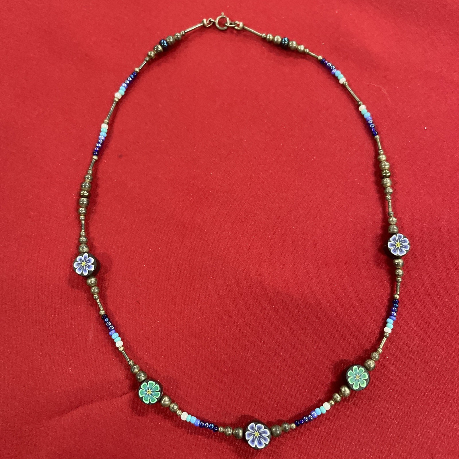 Sterling Silver 925 Clasped Beaded Green & Blue Flower 16.5” Necklace