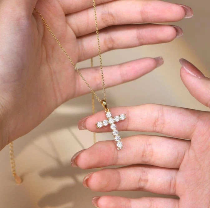 1.30ct Lab Grown Diamond Women’s Cross Pendant Chain 14k Yellow Gold Plated