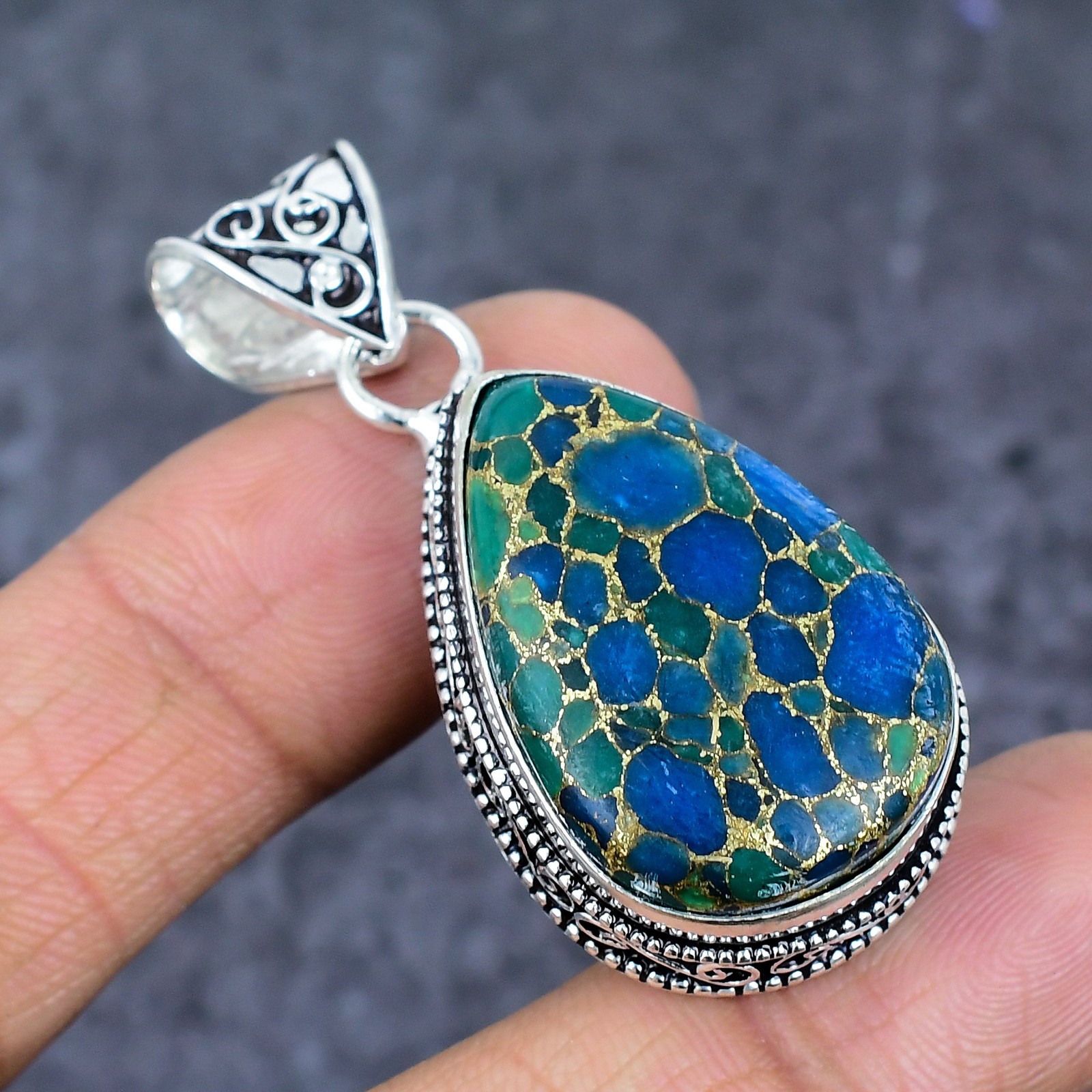 Copper Blue Turquoise Gemstone 925 Sterling Silver Jewelry Pendant 2.05″ K597