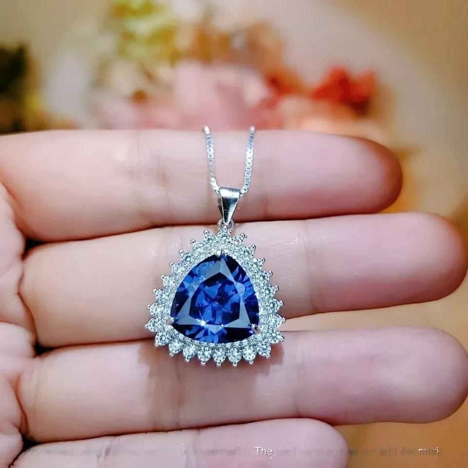 3Ct Lab Created Trillion Cut Tanzanite & Diamond Pendant 14k White Gold Finish