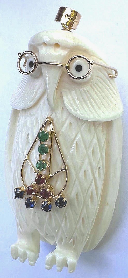 Beautiful 14K 585 Gold Wise Owl Pendant with Glasses and Multiple Color Stones