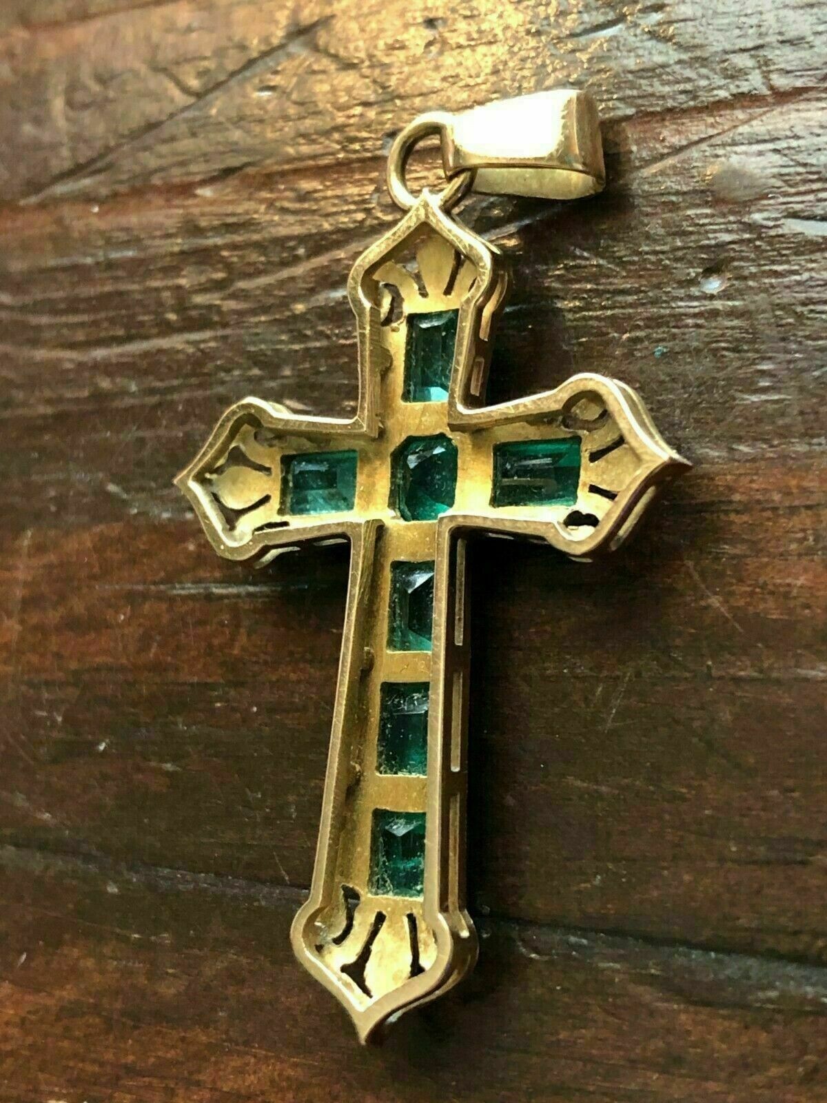 Antique 3Ct Emerald Cut Green Emerald Cross Pendant 14k Yellow Gold Finish