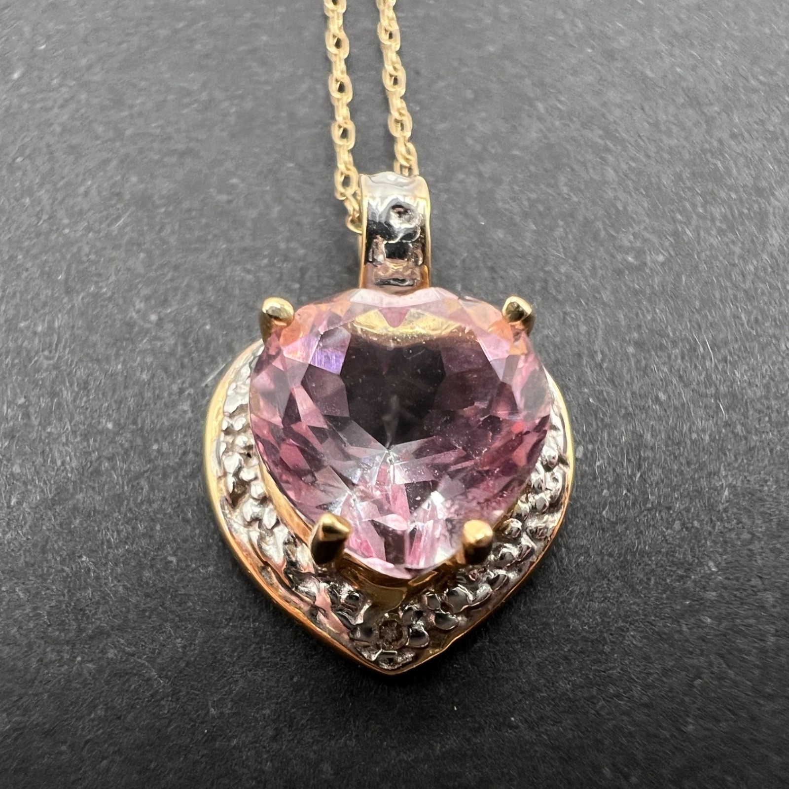 10k Solid Yellow & White Gold w/ Pink Topaz Heart Pendant and 19″ Chain Necklace
