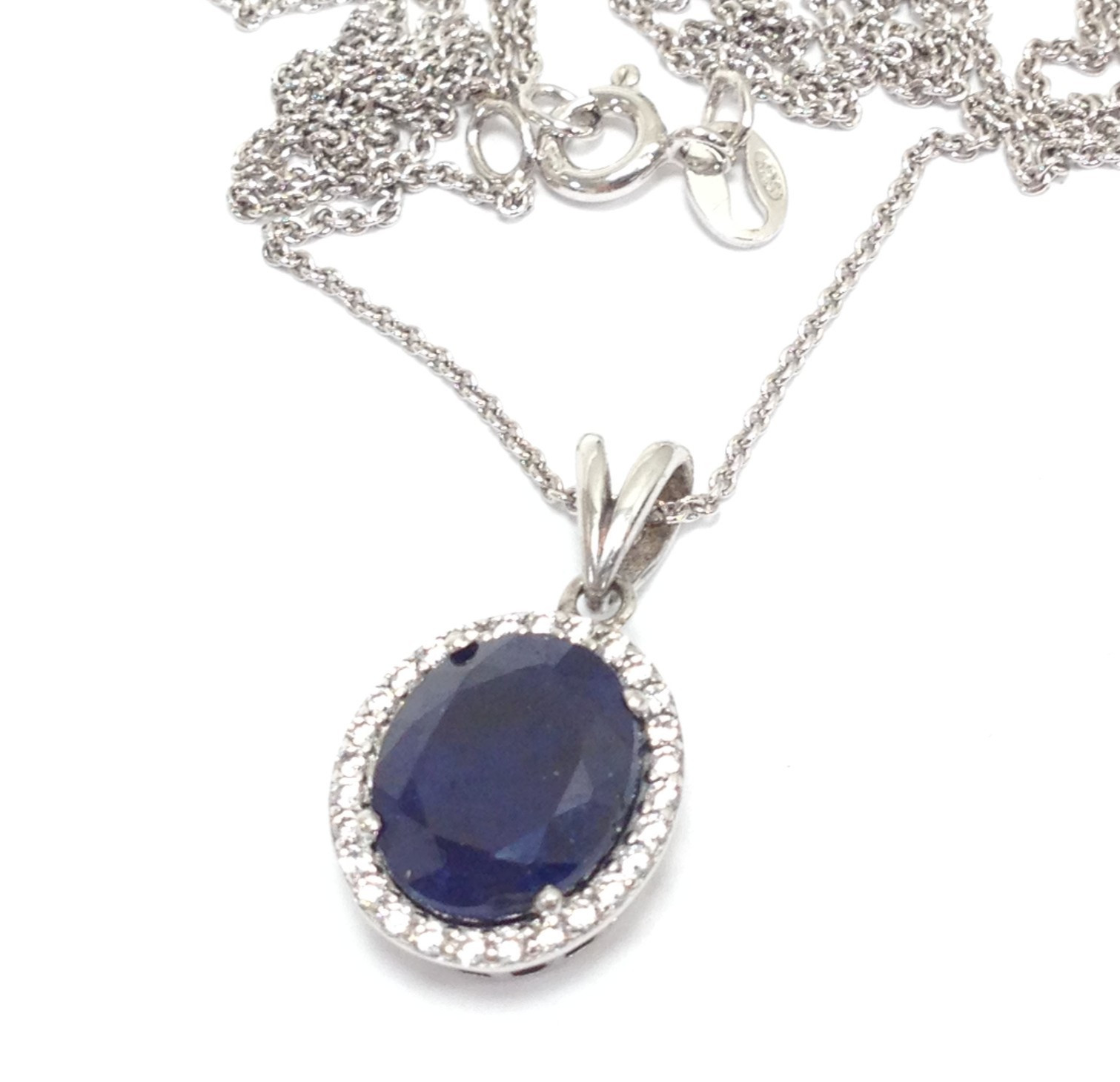 Unsigned 925 Sterling Silver Dark Blue Stone Pendant Necklace 16″ & 17″ Jewelry