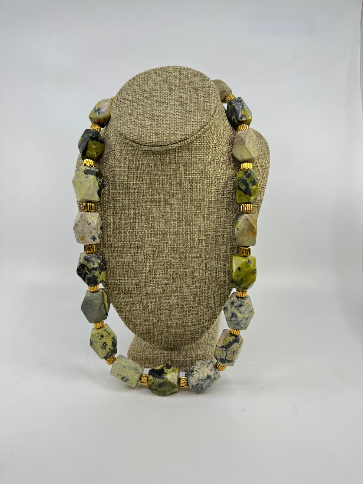 Statement 10 mm Hexagon Ocean Jasper and Gold Tone Bead Necklace 24 Inch