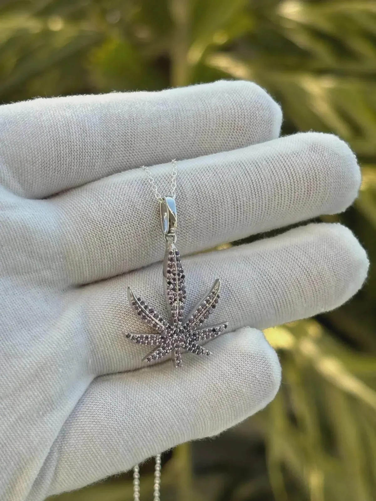 1 Ct Lab Created Purple Amethyst Marijuana Leaf Pendant 14K White Gold Plated
