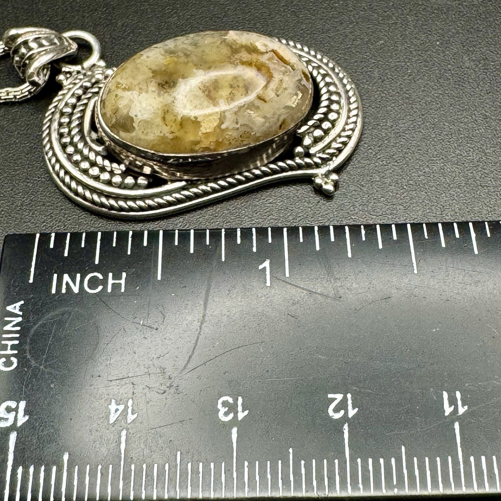Bezel Set Jasper Cabochon Stone In Detailed Silver With 18in NB India Box Chain