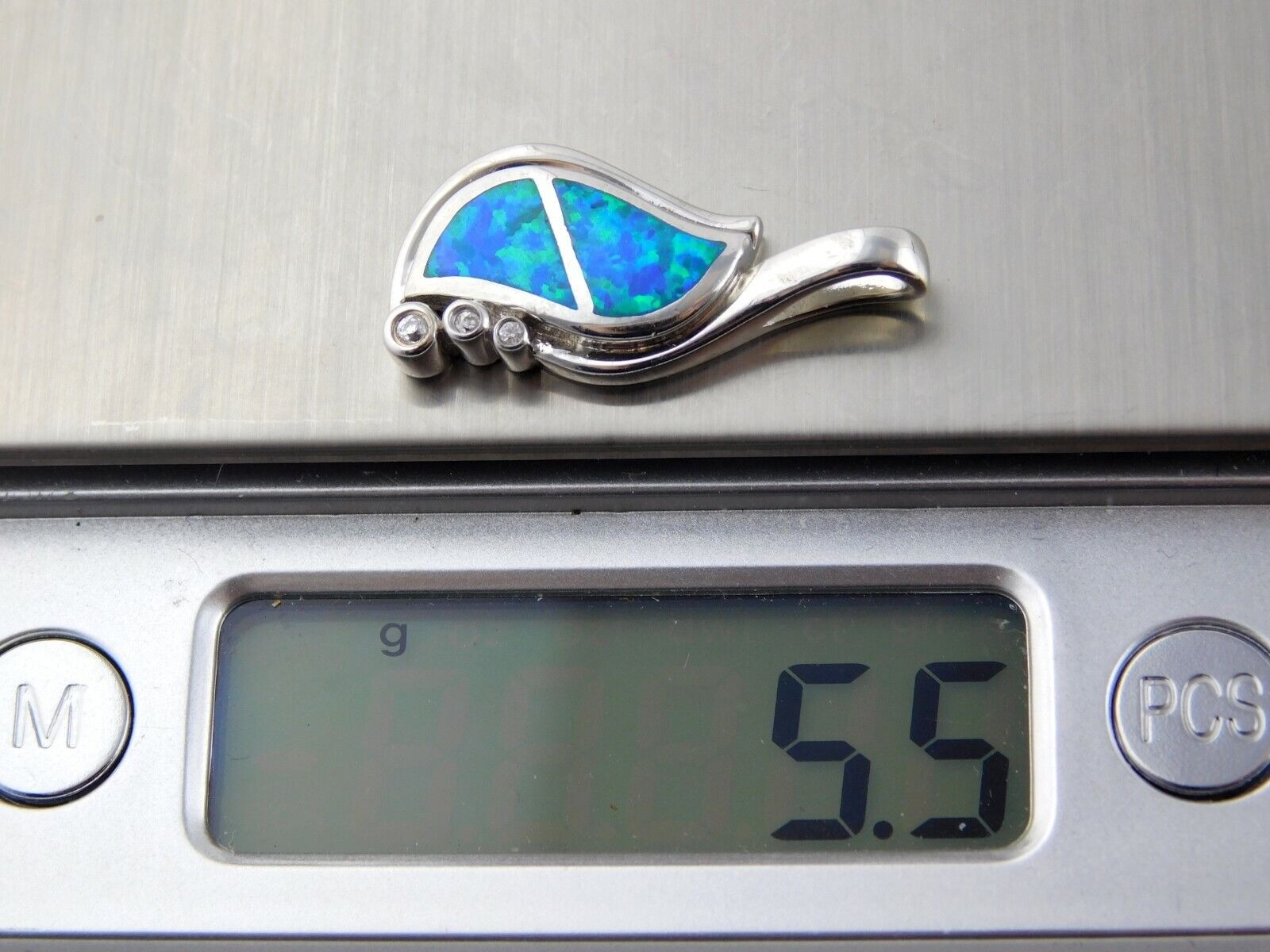 Sterling Silver Lab Created Blue Opal Inlay White CZ Accents Pendant 5g 1 1/8 In