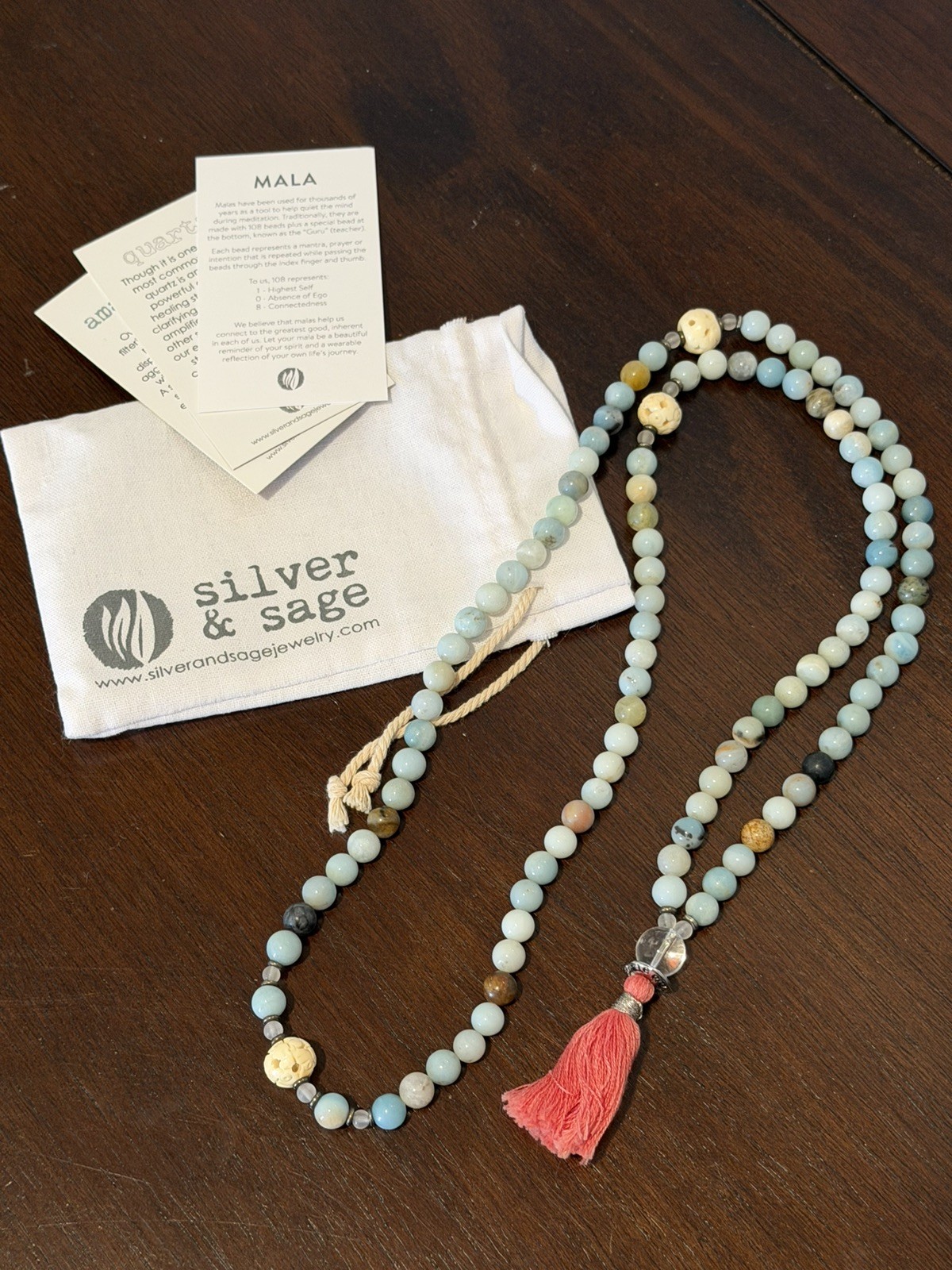 Silver & Sage Mala Necklace Green Amazonite and Quartz Pink Rose Tassel NEW