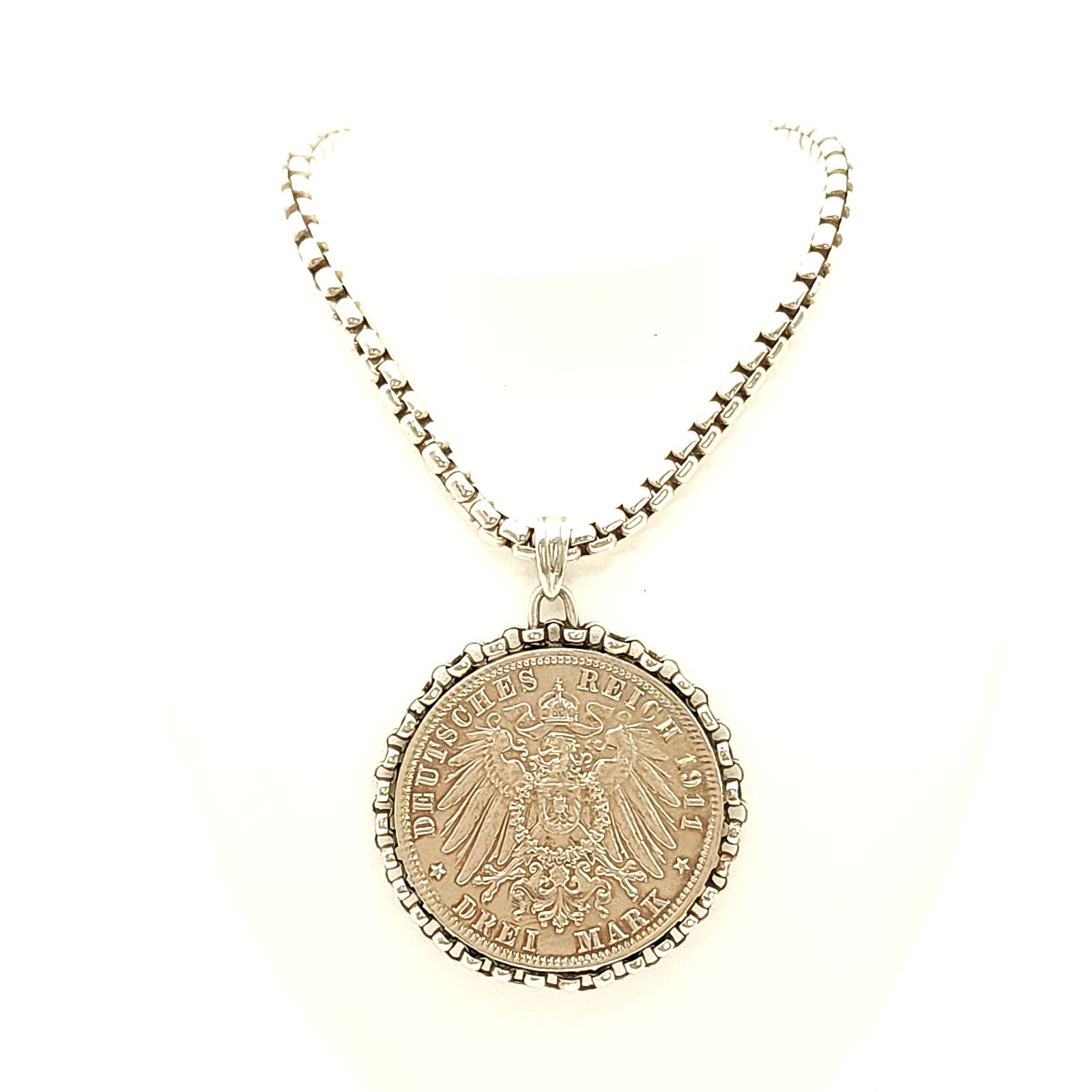 Sterling Silver Rounded Box Chain with 1911-D German Empire 3 Mark Pendant- 