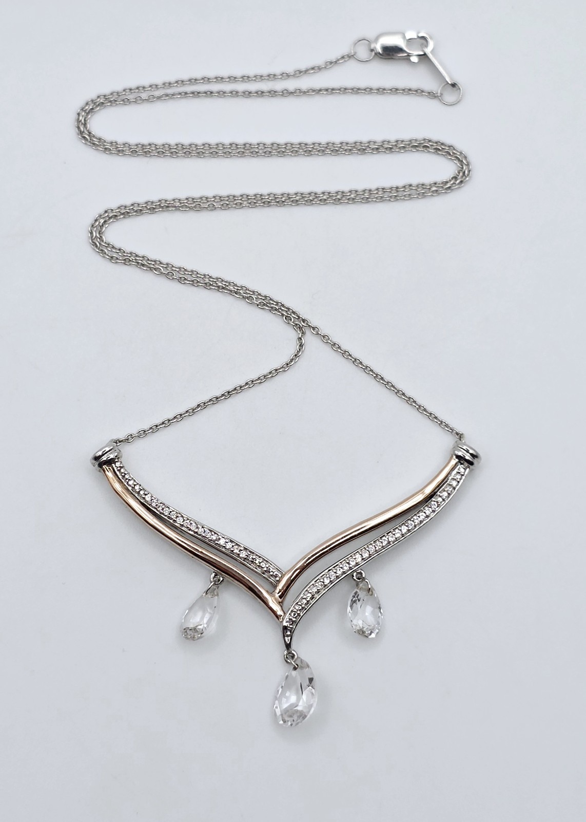Vintage 10K Gold Sterling Silver 925 Two Tone Crystal Dangle Necklace 18″