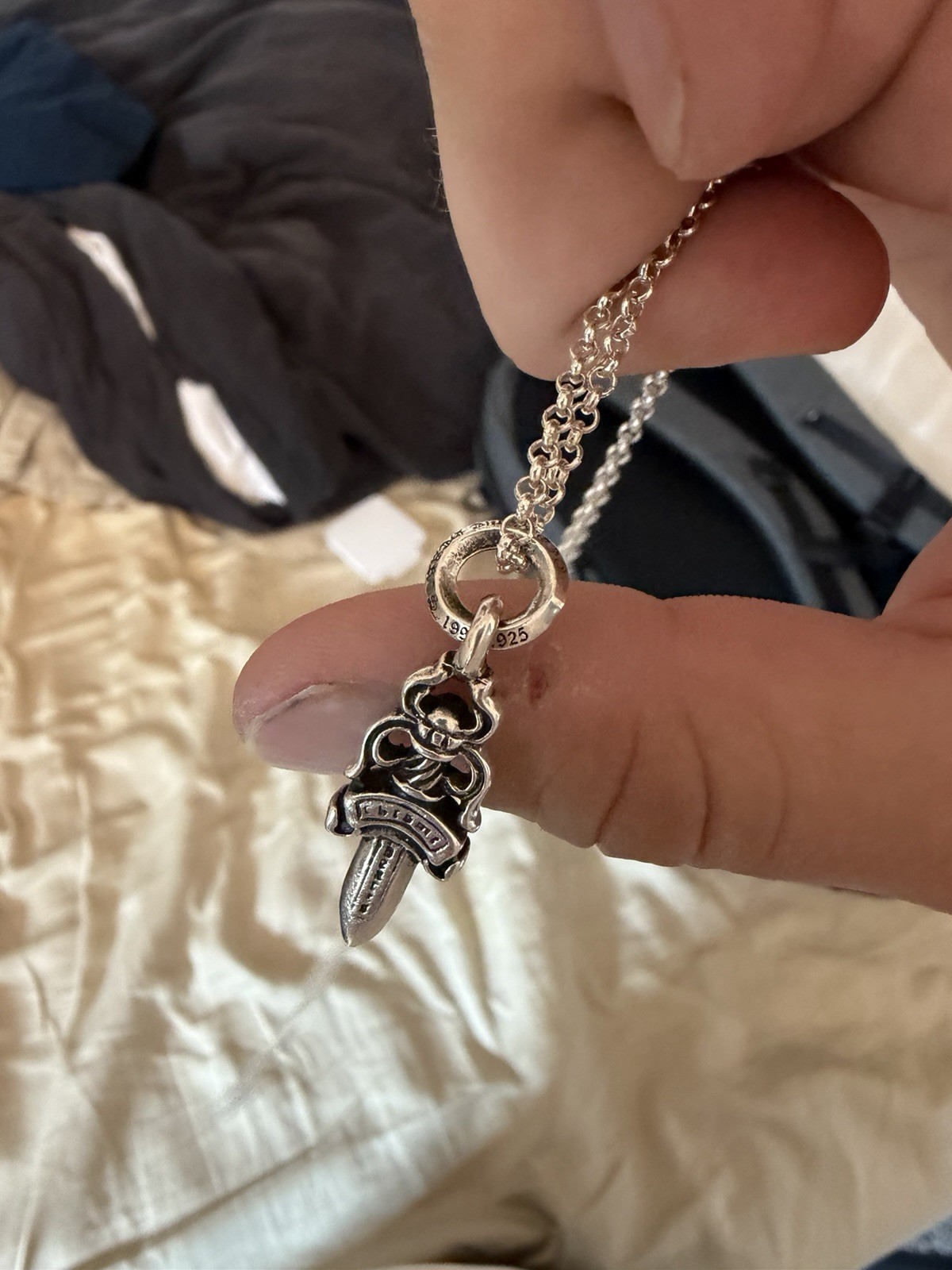 Chrome Hearts 925 Sterling Silver Dagger Pendant Cable Chain Necklace Lobster