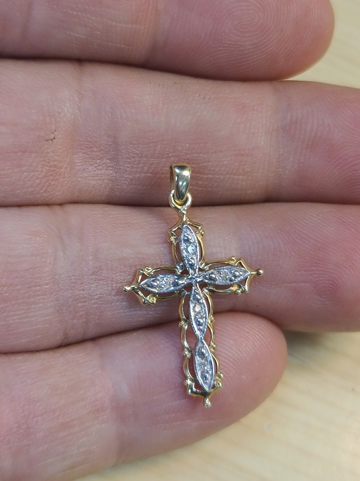 10k Solid Yellow & White Gold Diamond Cross Necklace Pendant 1.22″ Signed .99g
