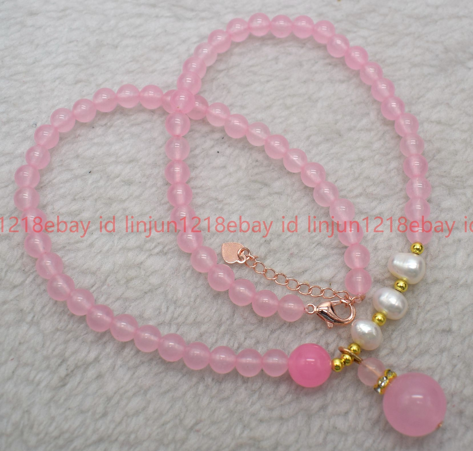 Natural 6mm Pink Jade Round Gemstone Beaded White Pearl Pendant Necklace16-32in