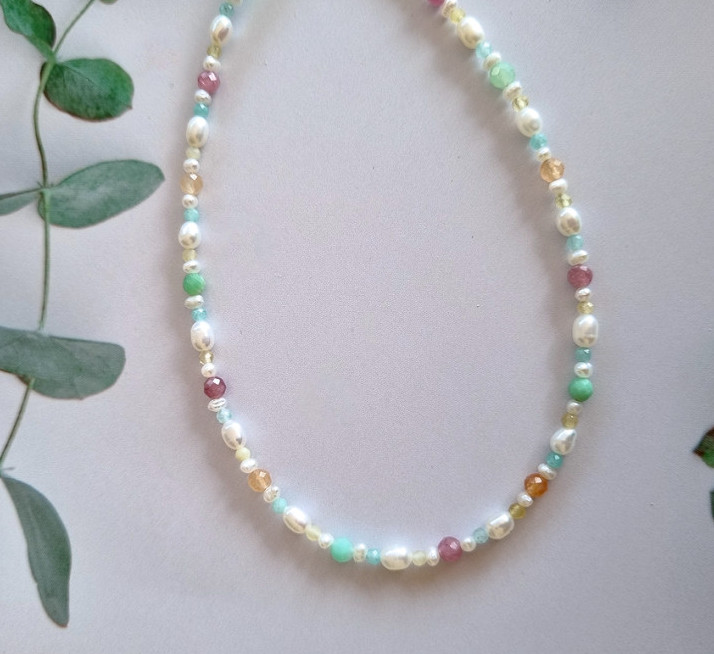 Delicate Pearl Beaded Choker Necklace 925 Silver Clasp Multi-Color Gemstone