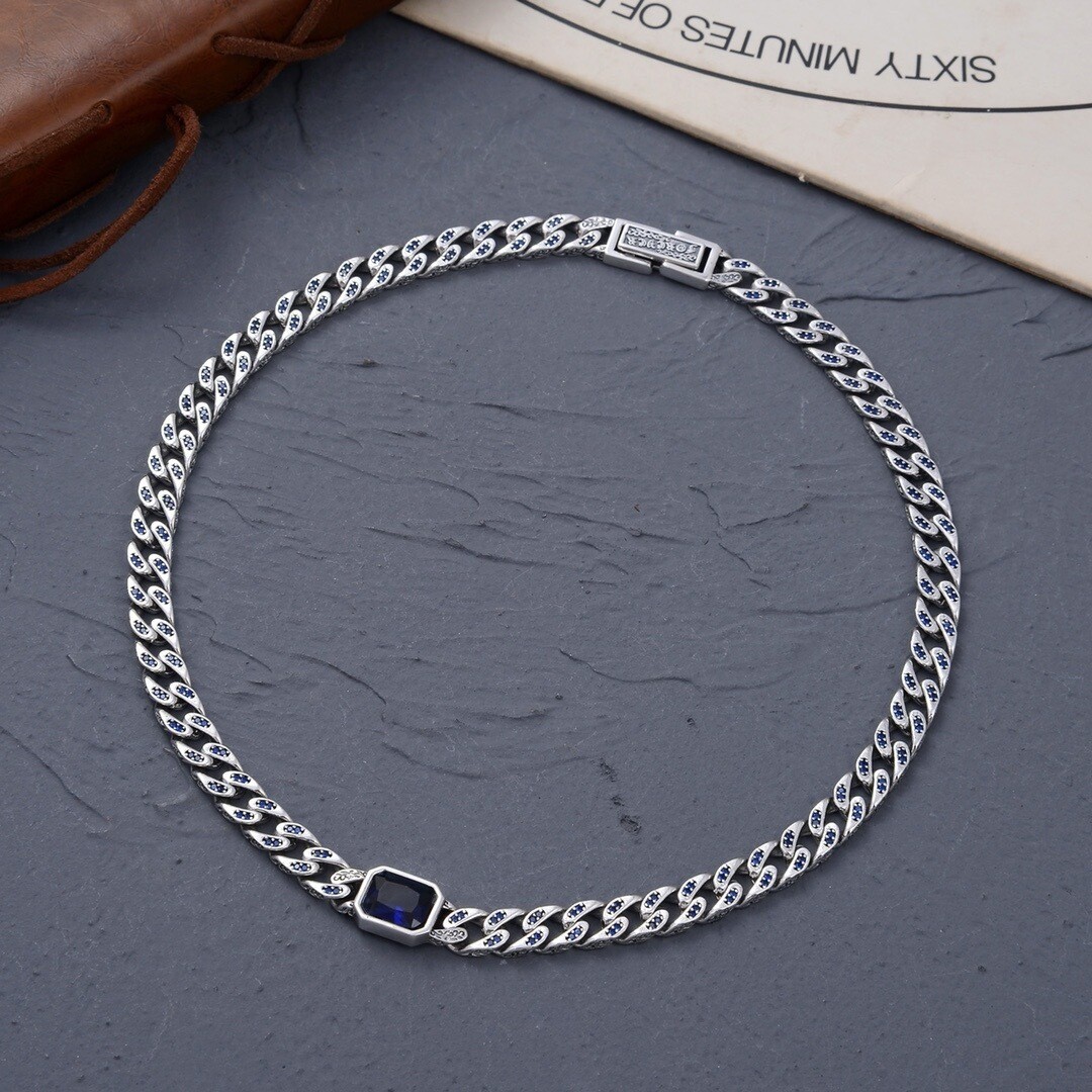 7MM 925 Sterling Silver Men Cuban Cureb Chain Necklace Green Blue Zircon 16-24″