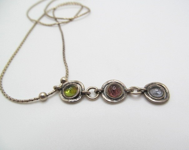 925 Sterling Silver Tourmaline Iolite Pink Yellow Round Disc Stone Necklace