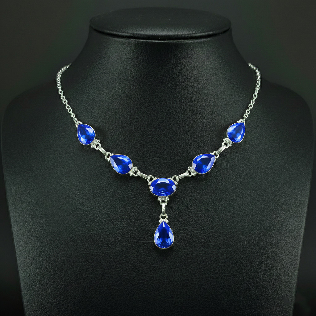 Deep Blue Topaz Gemstone 925 Sterling Silver handmade Gift Necklace 18″
