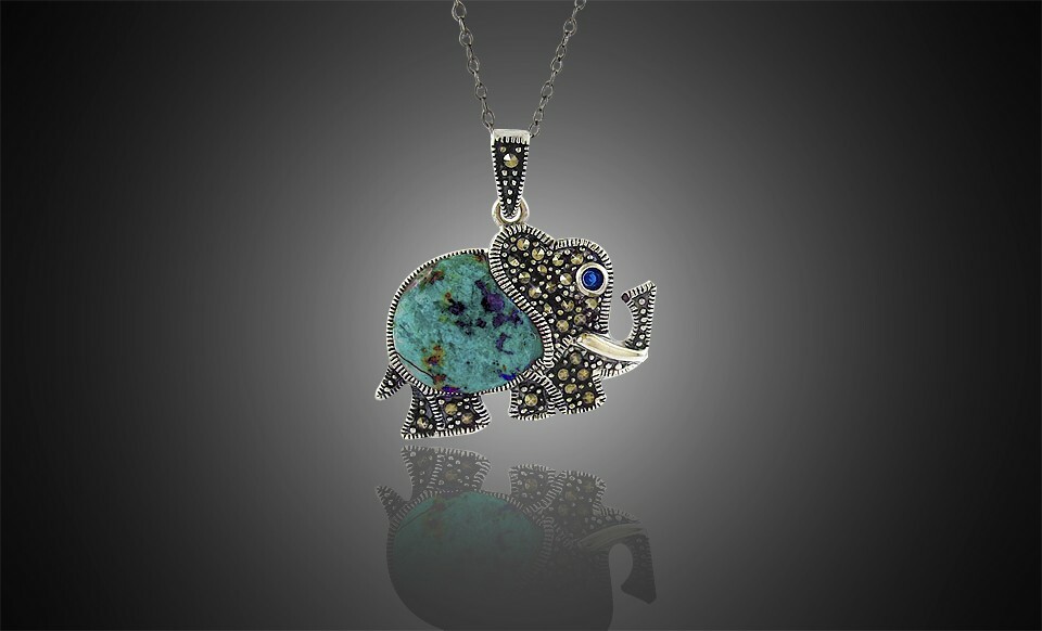 925 Sterling Silver Genuine Marcasite Turquois Elephant Pendant Necklace – 18″