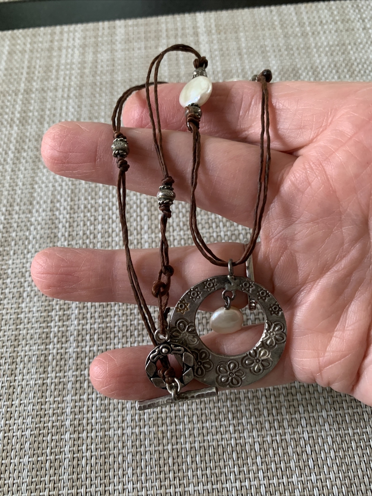 925 Silver Circle Pendant Pearls Leather Cord Necklace 16” Toggle Marked 925 CFJ