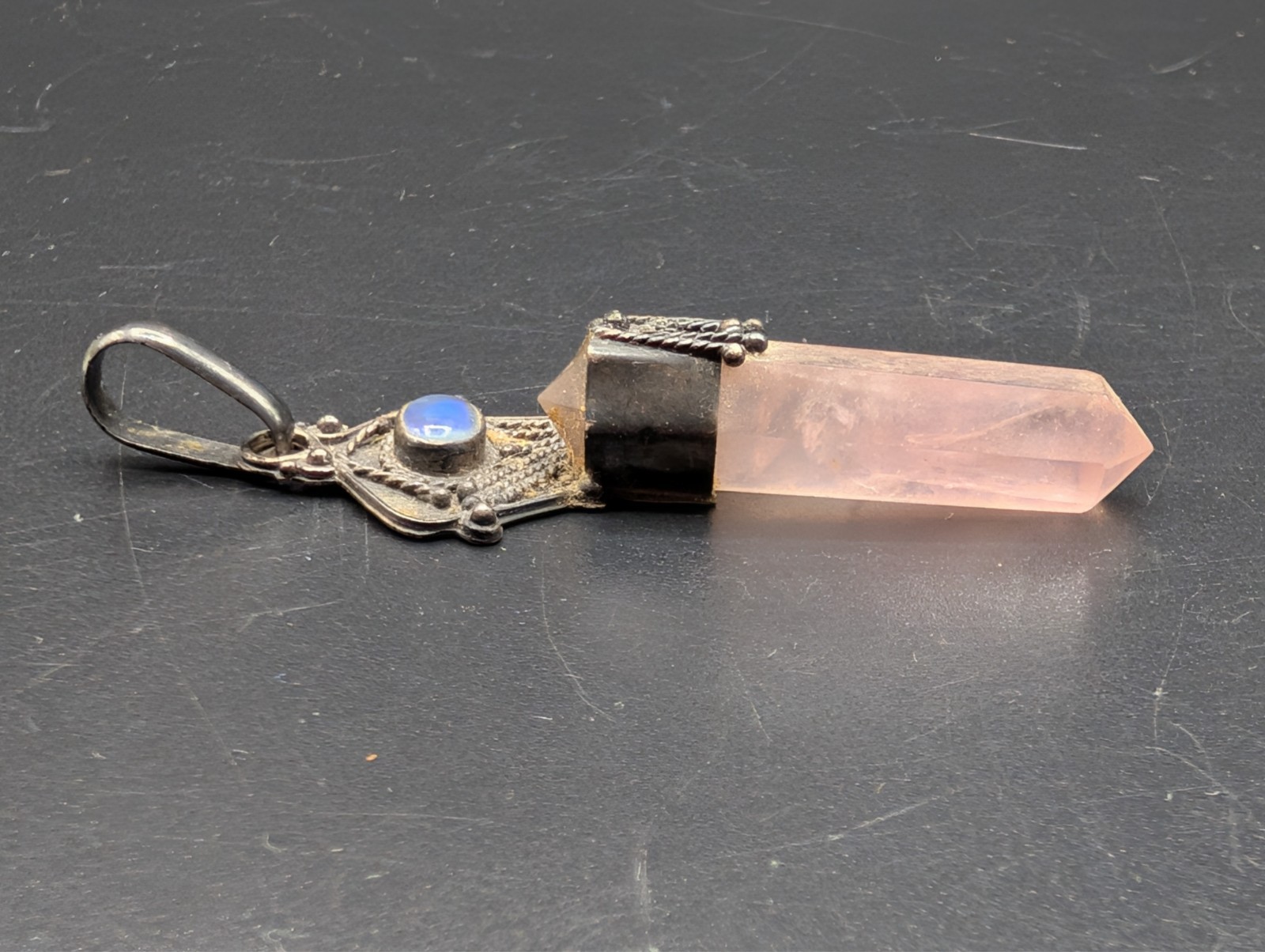 Unique Oxydised Sterling Silver Rose Quartz Point Ornate Pendant