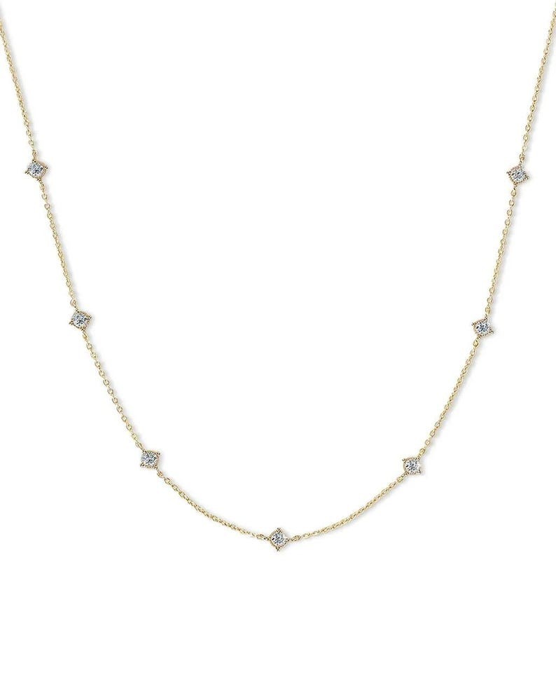 Round Cut Natural Diamond Station Necklace 14K Yellow Gold For Your Loved Once