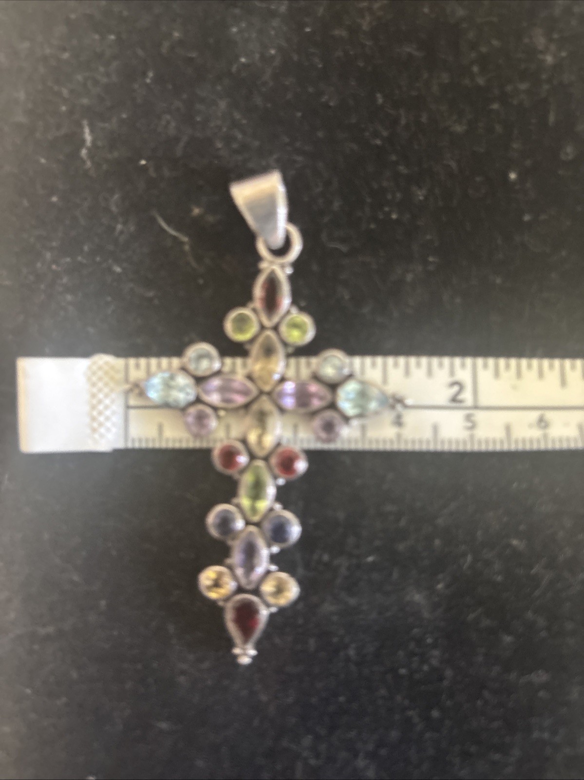 Sterling silver, multi gemstone, Marquise, and round cross pendant