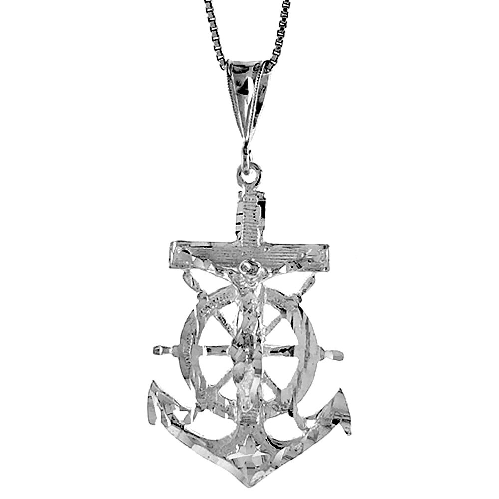 925 Sterling Silver Anchor Mariner Crucifix Cross Pendant 1 1/2 Inch Tall (38mm)
