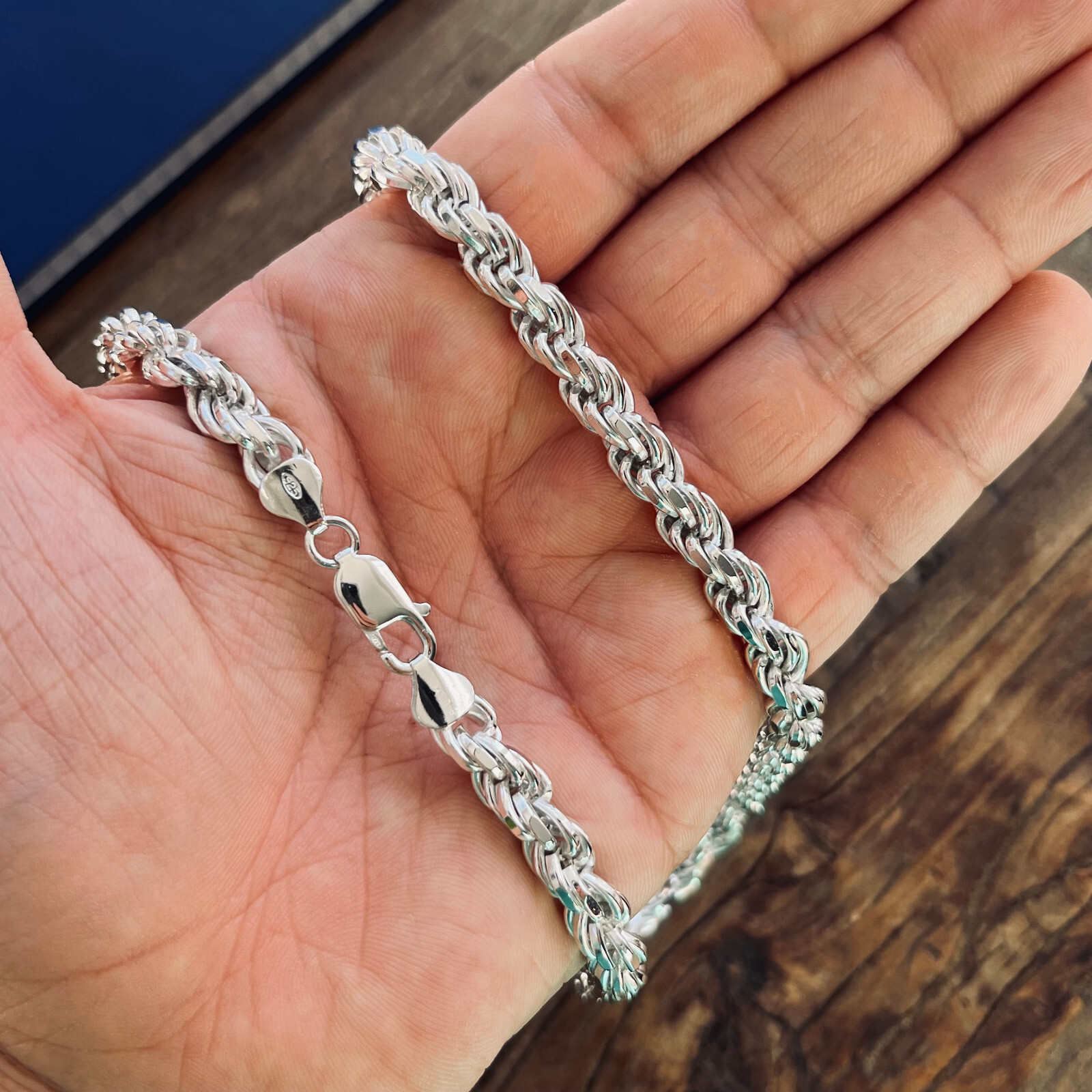 Real Solid Sterling Silver 7mm Mens Diamond Cut Rope Chain Bracelet or Necklace