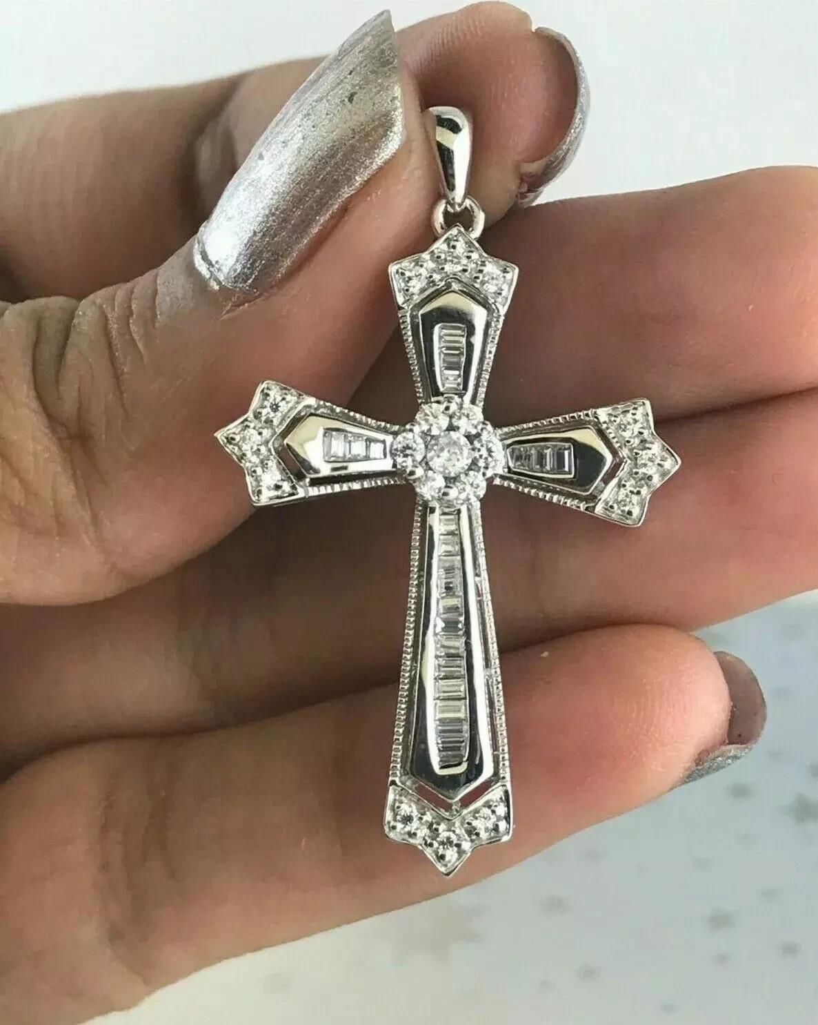 2Ct Round & Baguette Cut Lab Created Diamond Cross Pendant 14K White Gold Finish
