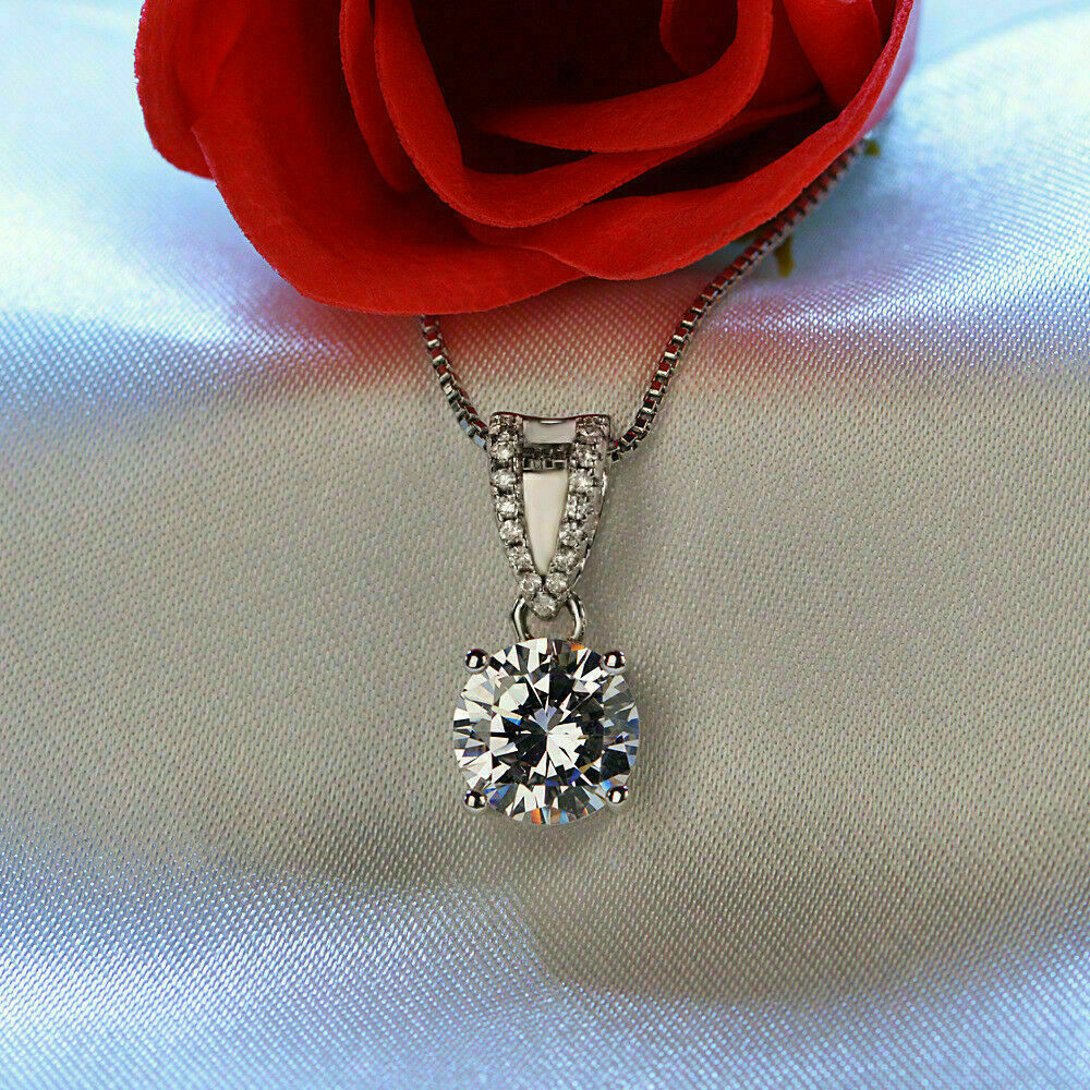 2Ct Round Cut Diamond Solitaire Pendant Necklace 14K White Gold Finish