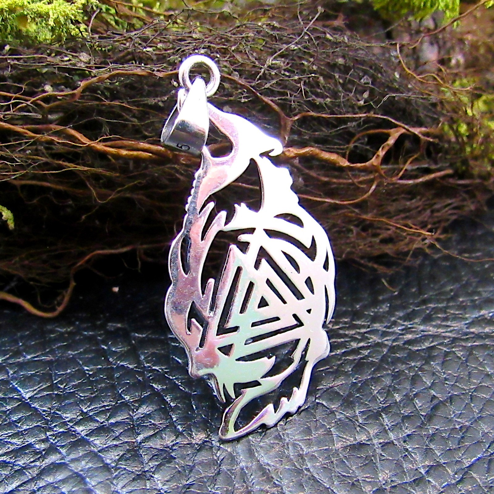 Solid 925 Sterling Silver Fenrir Wolf & Valknut Pendant – Norse / Viking Symbol